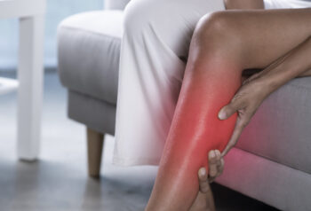 Asian woman holding the calf with pain. Close-up image of female suffering from pain in leg at home. Health care concept.